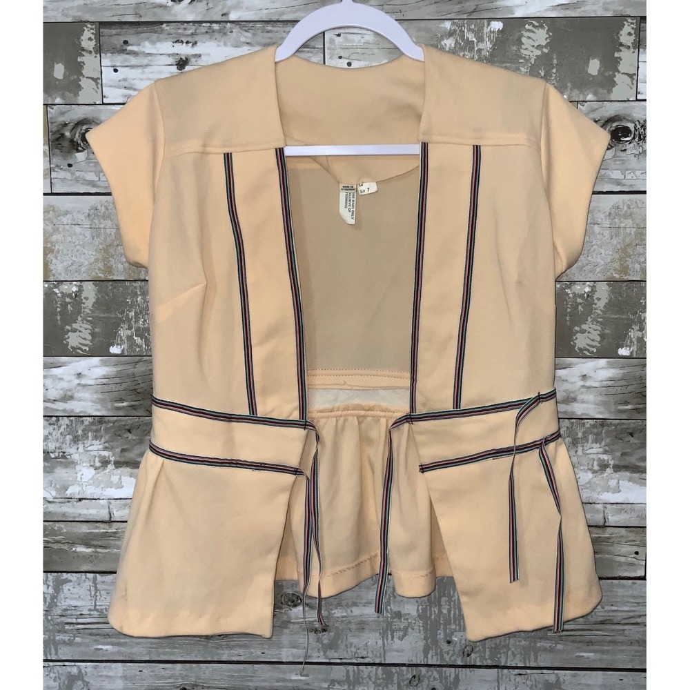 Vintage Womens Tie Front Wrap Short Sleeve Beige Top Blouse‎ Size Juniors 7